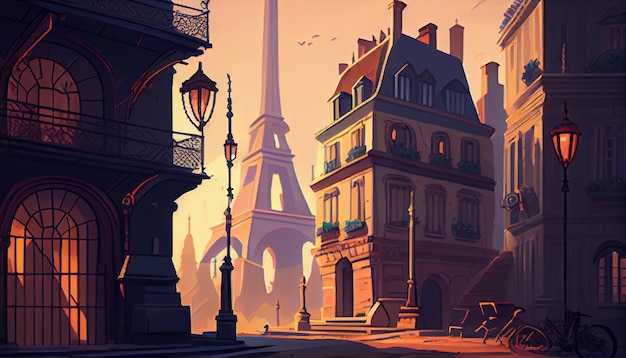 Parigi Ambiente di sfondo 2D per un gioco per cellulare Un paesaggio di sfondo orizzontale di alta qualità Posizione del modello di gioco Generativo ai