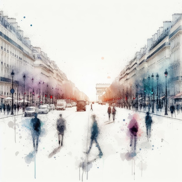 Paris Avenue des Champs Elysees vista di strada in pittura a inchiostro con AI generativa