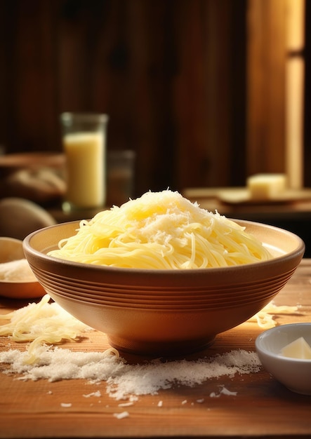 Parmigiano grattugiato fresco in una ciotola per pasta e spaghetti Generative Ai