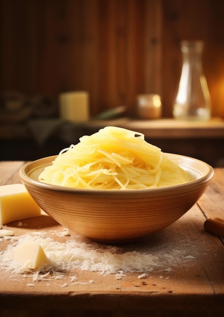 Parmigiano grattugiato fresco in una ciotola per pasta e spaghetti Generative Ai