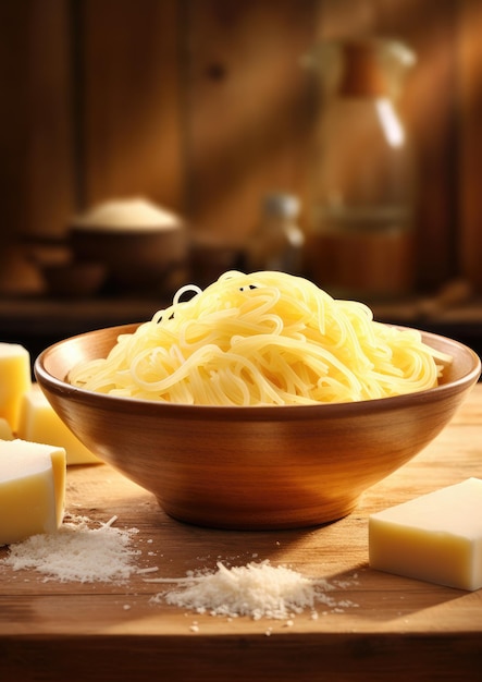 Parmigiano grattugiato fresco in una ciotola per pasta e spaghetti Generative Ai