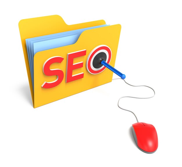 Parola 3D SEO con cartella e dardo di gomma. Rendering 3D