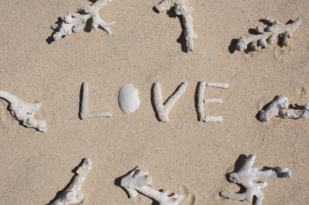 Parola amore dai coralli sulla sabbia della spiaggia tropicale