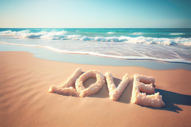 Parola Amore usando la sabbia sullo sfondo della spiaggia Concetto per il giorno di San Valentino