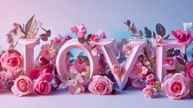 Parola d'amore decorata con delicate rose su sfondo neon rosa concetto di San Valentino