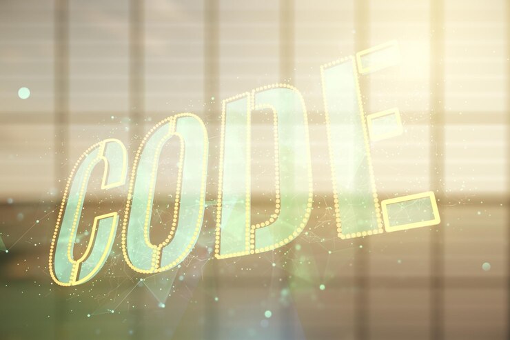 Foto parola di codice ologramma su sfondo ufficio aziendale vuoto concetto di intelligenza artificiale e reti neurali esposizione multipla