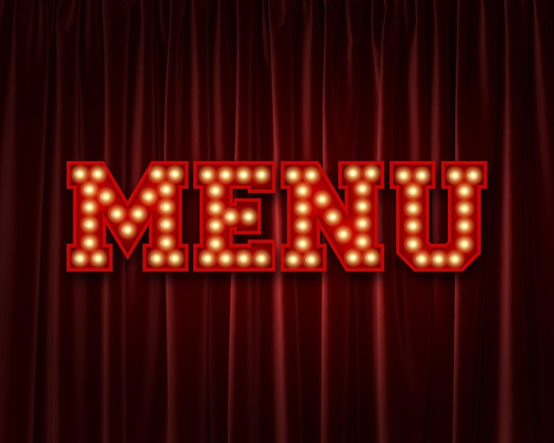 Parola di lettere della lampadina del menu contro una tenda rossa del teatro 3D Rendering