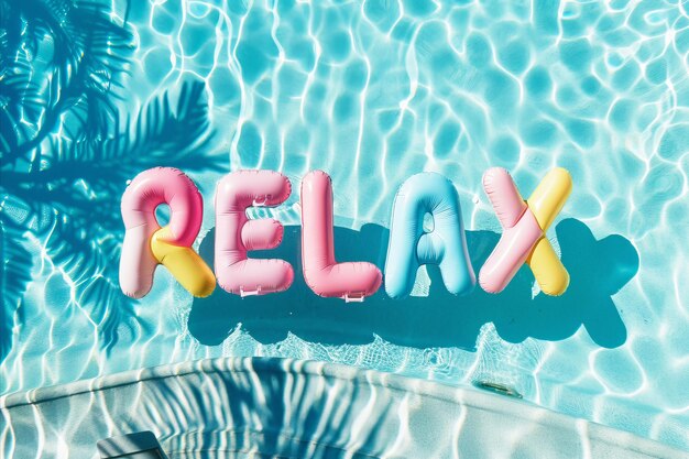 Parola di relax scritta in piscina gonfiabile che galleggia in una piscina per le vacanze estive