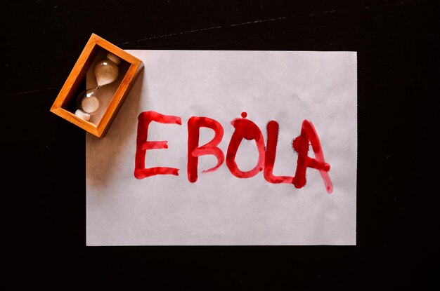 Parola Ebola testo scritto con sangue su carta bianca