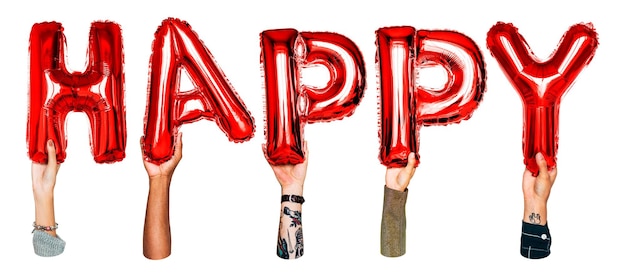 Parola felice png mani che tengono il palloncino tipografia sfondo trasparente
