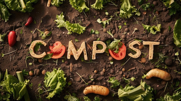 Parola generativa AI Compost fatto di compost di rifiuti alimentari e sfondo ambientale del suolo