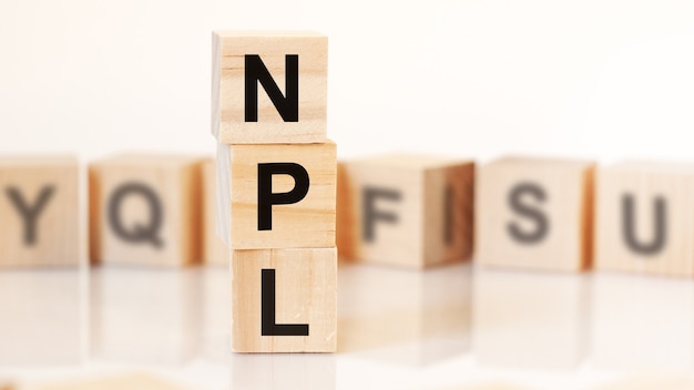 Parola NPL da blocchi di legno con lettere, concept