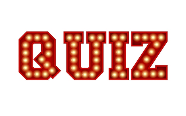 Parola quiz composta da lettere rosse vintage con lampadine isolate su un rendering 3D bianco