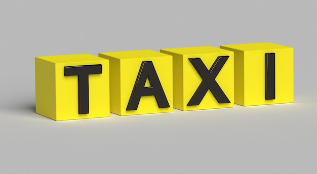 Parola TAXI sui cubi. Segno del logo del trasporto in taxi. rendering 3D