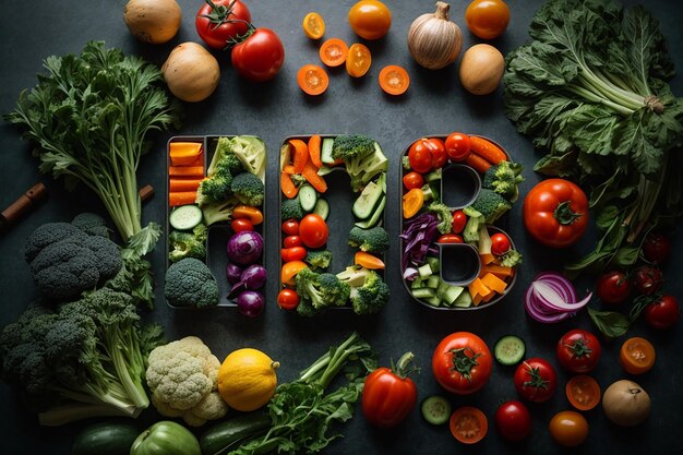 parola vegana piatta con lettere vegetali