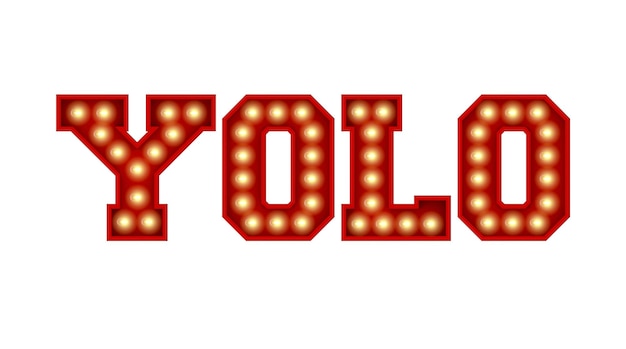 Parola Yolo composta da lettere rosse vintage a bulbo isolate su un rendering 3D bianco