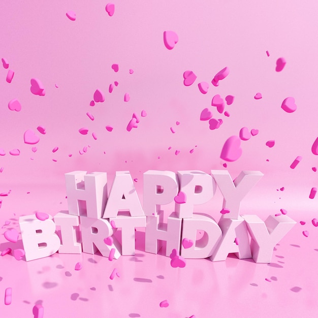 parole buon compleanno su uno sfondo rosa con cuori galleggianti