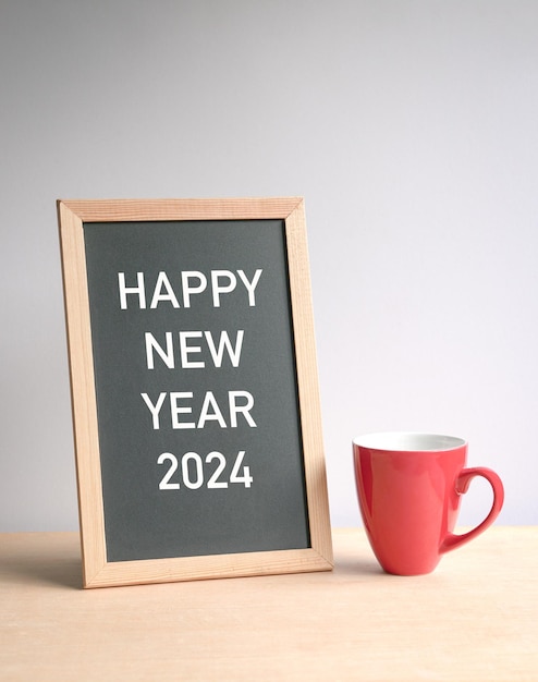 Parole del felice anno nuovo 2024 sulla lavagna accanto alla tazza di caffè