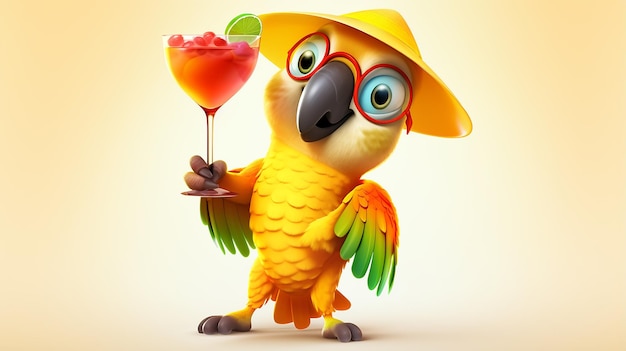 Parrot divertente di festa di cartoni animati con illustrazione isolata di bicchiere da cocktail