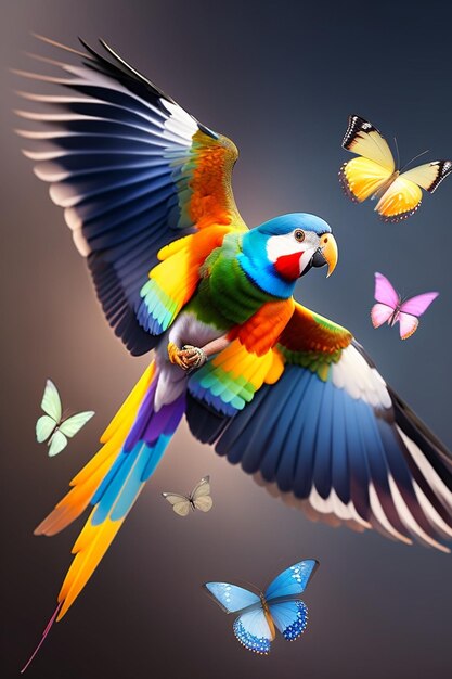 Parrot_Flying_In_The_Air_With_Butterflies
