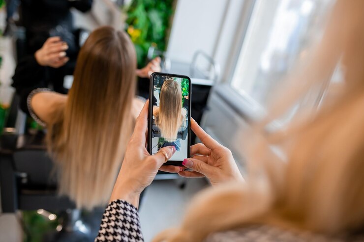 Parrucchiere professionista che scatta foto delle estensioni dei capelli del cliente biondo per la vetrina dei social media