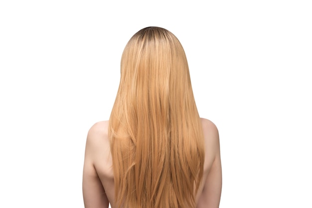 Parte posteriore della donna bella donna con i capelli ombre isolati su un bianco