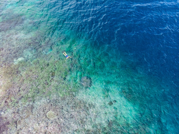 Parte superiore aerea giù la gente che si immerge sul mare caraibico tropicale della barriera corallina, acqua blu del turchese