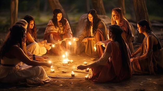 Partecipa a una cerimonia del fuoco trasformativa in cui gli spiriti dell'antica saggezza vengono evocati dalle fiamme scoppiettanti generate dall'IA