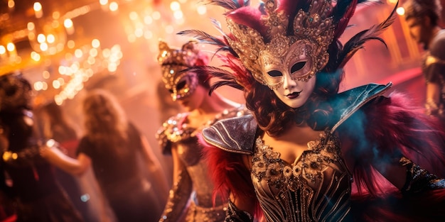 partecipanti al carnevale che indossano maschere e costumi elaborati che celebrano le tradizioni con musica e danza