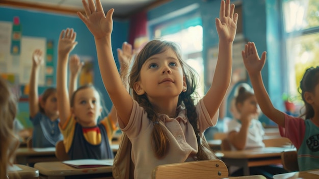 Partecipazione attiva alla lezione della scuola elementare alzando le mani