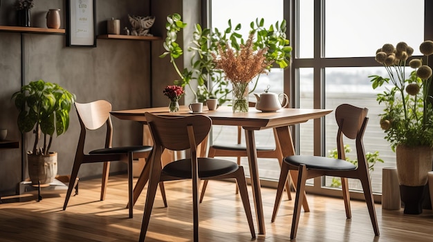 Parti interne private sala da pranzo con sedia in legno e vaso da tavola in legno con pianta fiori Risorsa creativa AI Generata