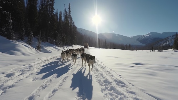 Parti per un'emozionante avventura in slitta trainata da cani attraverso la natura innevata mentre una squadra di energici husky ti trascina attraverso il paesaggio ghiacciato Generato dall'IA