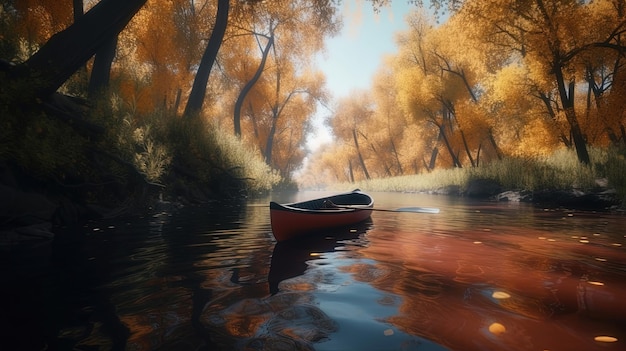 Parti per un tranquillo giro in canoa lungo un fiume panoramico immergendoti nella tranquillità e nella bellezza naturale Generato dall'intelligenza artificiale