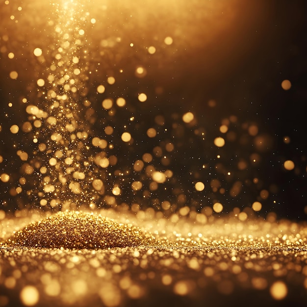Particelle d'oro fluido con luccichio leggero e scintille dorate brillano sullo sfondo