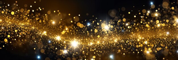 particelle d'oro su uno sfondo nero bokeh concetto di bandiera di Natale e Capodanno