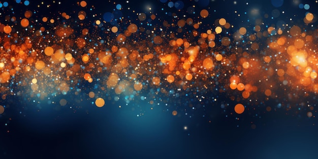 Particelle di Natale arancione blu e spruzzate per un evento natalizio sullo sfondo con scintille e luccioli