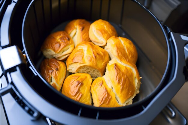 Particolare del pane cotto nella friggitrice ad aria che rappresenta il concetto di alimentazione equilibrata ed economica Generato dall'IA