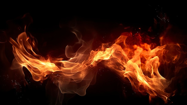 Particolare delle scintille di fuoco isolate su sfondo nero Blaze fire flame background e textured genera ai