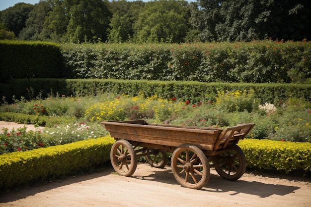 Particolare di una carriola rustica in un giardino fiorito