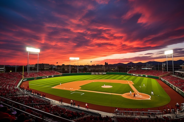 Partita di baseball al crepuscolo con un bellissimo tramonto