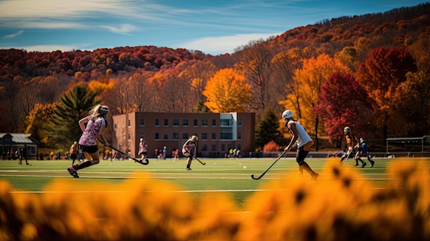 Partita di hockey su prato in un pittoresco autunno