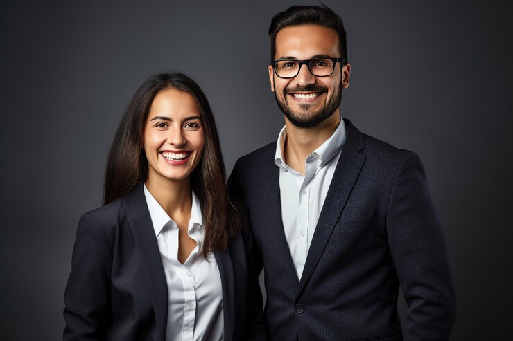 Partner d'affari che posano davanti a uno sfondo grigio guardando la telecamera e sorridendo