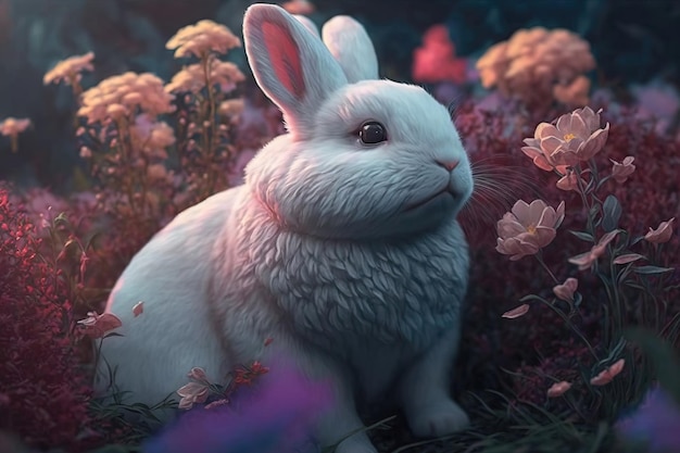 Pasqua bellissimo coniglio lanuginoso nell'erba in primavera tra i fiori generati dall'intelligenza artificiale