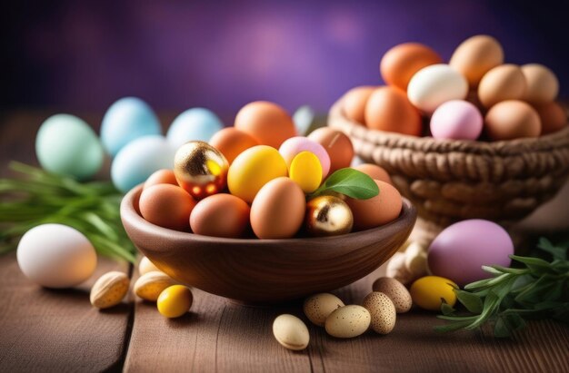 Pasqua colorate uova dipinte sfumature dorate comodità e candele uova in una piastra di argilla tavola di legno sfondo viola