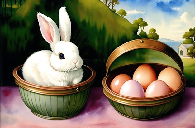 Pasqua Coniglio e uova paesaggio pittura ad acquerello Tema pasquale Design Buona Pasqua AI Generato