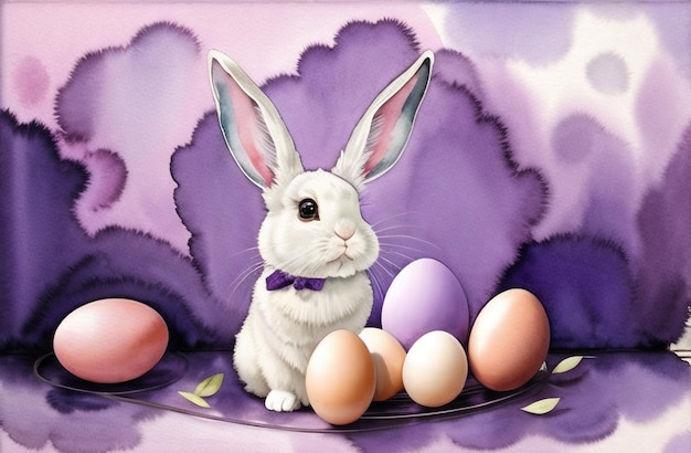 Pasqua Coniglio e uova paesaggio pittura ad acquerello Tema pasquale Design Buona Pasqua AI Generato