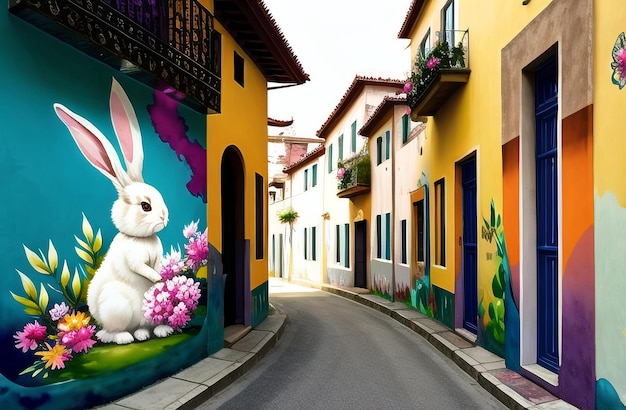 Pasqua Coniglio e uova paesaggio pittura ad acquerello Tema pasquale Design Buona Pasqua AI Generato