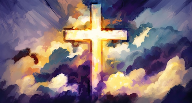 Pasqua cristiana Simbolo religioso concettuale su un cielo colorato al tramonto IA generativa