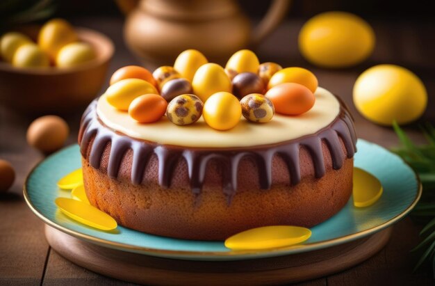 Pasqua dessert Pasqua pasticceria tradizionale Pasqua torta simnel nazionale irlandese decorata con palle di marzipan e uova colorate decorazioni d'oro tavola in legno