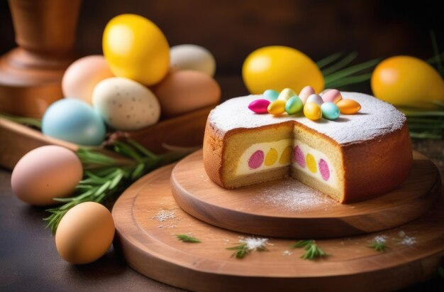 Pasqua dessert Pasqua pasticceria tradizionale Pasqua torta simnel nazionale irlandese decorata con uova colorate tavola di legno